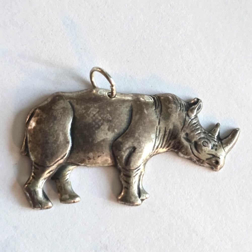 Rhinoceros pendant charm animal figural safari jewelry silver tone rhino